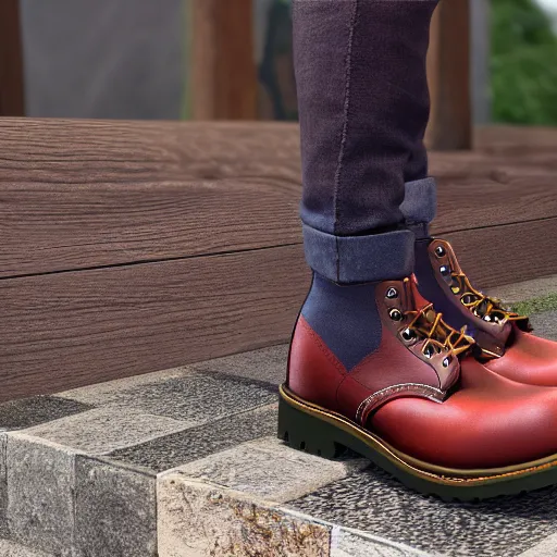 Image similar to hyper realistic 3 d redwing boots, blender, wide shot