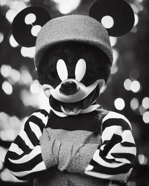 Prompt: A high-quality studio portrait of a grim, threatening-looking Mickey Mouse; bokeh, 90mm, f/1.4