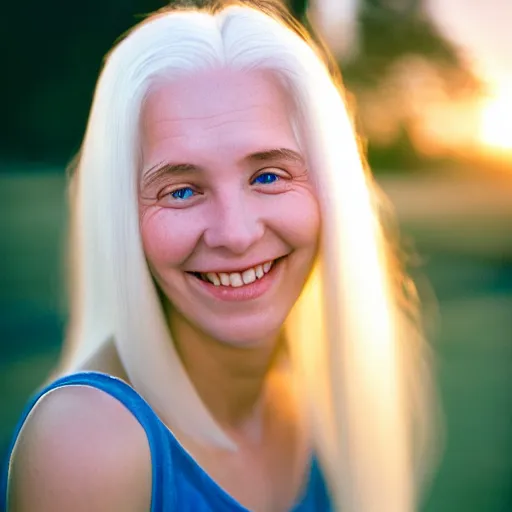 Image similar to beautiful portrait of a cute thing young woman smiling softly, long white hair, flushed face, blue eyes, golden hour, 8 k, portra 4 0 0