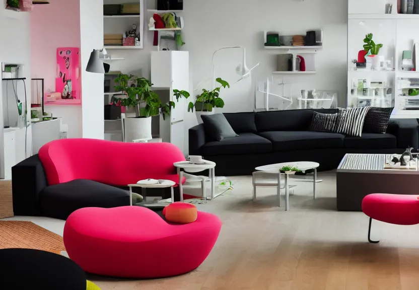 Prompt: a close up photograph of an ikea showroom with a couch that's shaped like a watermelon, watermelon, whacky designs, interior design