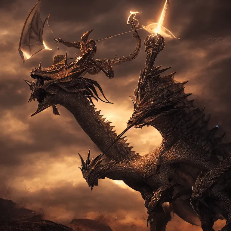 Image similar to Knight with Lightning spear riding a dragon , fantasy, cinematic lighting, photorealistic image, 8k, ultra detailed, high resolution,