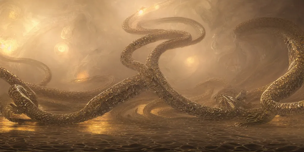 Prompt: concept art of translucent glowing centipede dancing, big booty, flowy, melting, round moon, swirly clouds, very detailed, volumetric light, mist, fine art, textured oil over canvas, dragons, epic fantasy art, very colorful, ornate intricate scales, gold skulls, fractal gems, 8 k, hyper realistic, high contrast