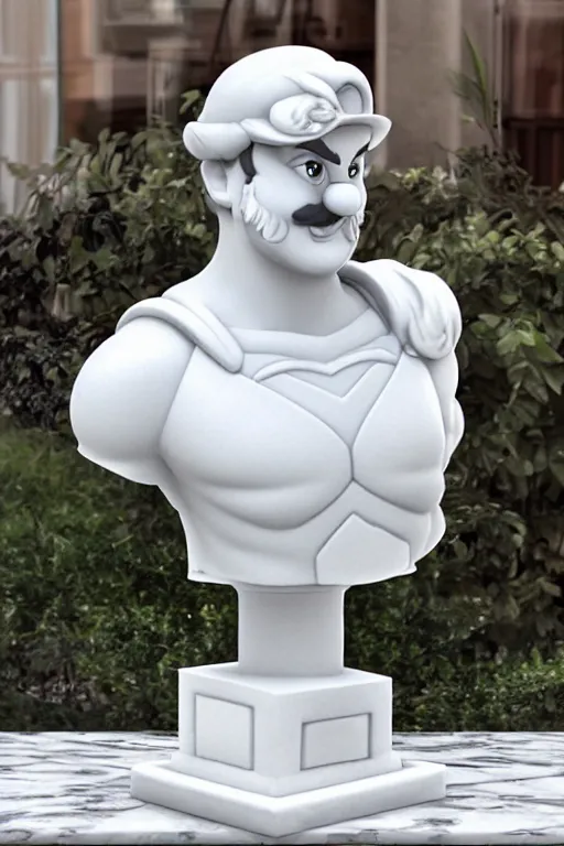 Prompt: white marble bust of super mario, realistic, dslr photograph