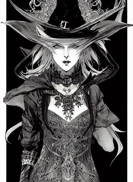 Image similar to beautiful human witch with blonde short curtly hair in intricate ornate witch robe, haughty evil look, witch hat. in style of yoji shinkawa and hyung - tae kim, trending on artstation, dark fantasy, great composition, concept art, highly detailed, dynamic pose.