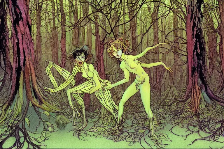 Image similar to a hyperrealist watercolour character concept art portrait of a haunted forest inside central park. neon flowers. weird people. by rebecca guay, michael kaluta, charles vess and jean moebius giraud