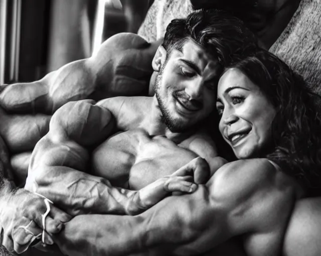 Image similar to cuddling with a bodybuilder, hugging an athlete, squishing muscles, comforting, wholesome, sweet, kindhearted, adorable, romantic, platonic