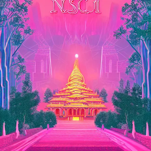 Prompt: mystical realistic poster with shaded lighting by arjun brooklyn radiant light, detailed and complex environment, solace, beautiful, utopic city with many buildings and temples, old growth pine trees, overlaid sacred geometry, with implied lines, gradient of hot pink and neon baby blue