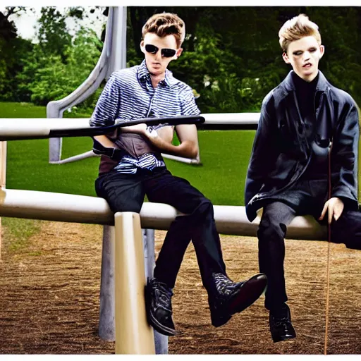 Prompt: an editorial shoot for Vogue featuring Male models sitting on playground swings, cute, harmless, silly