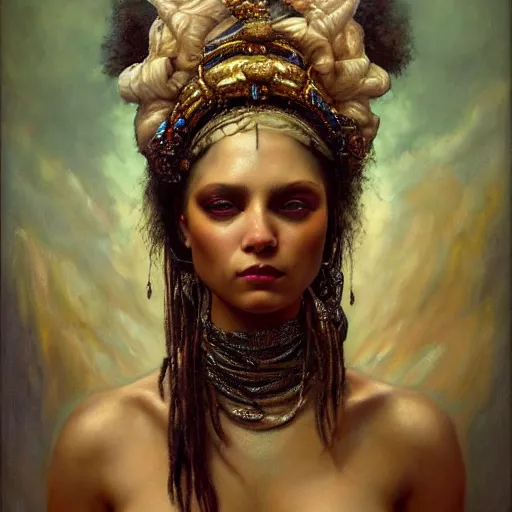 Prompt: highly detailed oil painting | very intricate | cinematic lighting | the voodoo priestess dressed very elaborate | by roberto ferri, by tom bagshaw, by j. c. leyendecker and klimt, beautiful cinematic light, american romanticism, by austin osman spare, artstation, cgsociety, official art, octane