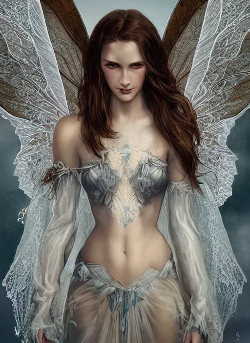 Image similar to full body portrait of a beautiful fairy women with wings of lace, by artgerm, sunny day, highly detailed, perfect lighting, perfect composition, symmetry, detailed features, 4 k, by alan lee, by derek zabrocki, by greg rutkowski