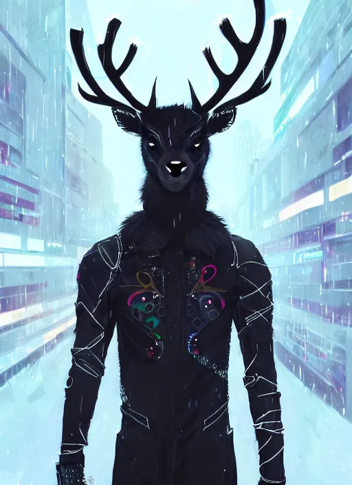 Image similar to award winning beautiful portrait commission of a male furry anthro Black Reindeer cyberpunk fursona with a tail, wings, wings, wings and a cute beautiful attractive detailed furry face wearing stylish black and rainbow galaxy clothes, outline, in a cyberpunk city at night while it rains. Character design by charlie bowater, ross tran, artgerm, and makoto shinkai, detailed, inked, western comic book art