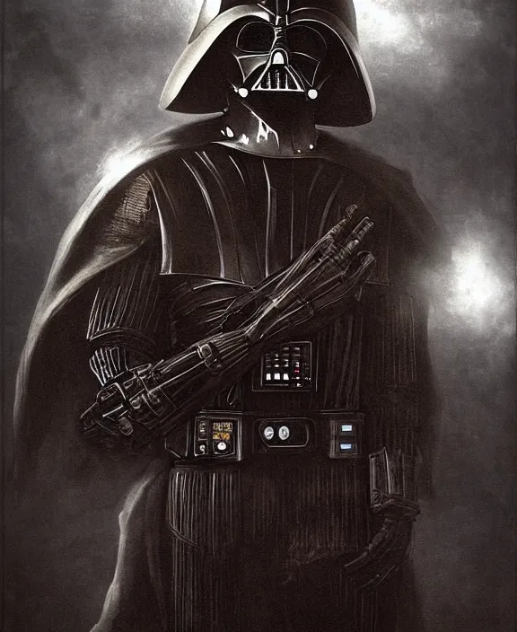 Image similar to steampunk darth vader by HR Giger and Beksiński, 4k resolution, detailed, trending on artstation