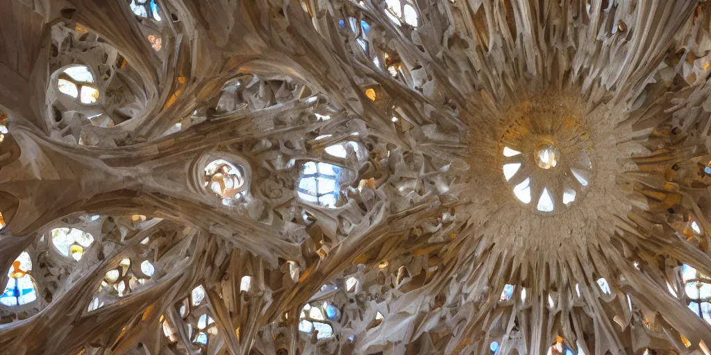 Prompt: sculpted Sagrada Familia ceiling by Antoni Gaudi