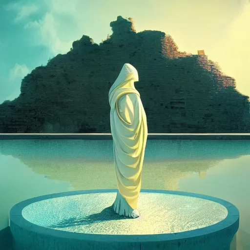 Image similar to Filip Hodas, minimalistic, hyperrealistic surrealism, award winning masterpiece with incredible details, epic stunning, infinity pool, a surreal vaporwave liminal space, highly detailed, trending on ArtStation, artgerm and greg rutkowski and alphonse mucha, daily deviation, IAMAG, broken giant marble head statue ruins, golden hour