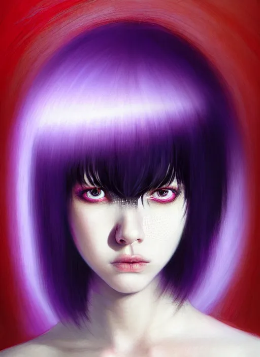 Image similar to hair whitebangs hair, black hair, blackbangswhitehair, portrait of teenage girl with white bangs, red irises, purple clothes, white bangs, bangs are different color from hair, intricate, elegant, glowing lights, highly detailed, digital painting, artstation, concept art, sharp focus, illustration, art by wlop, mars ravelo and greg rutkowski