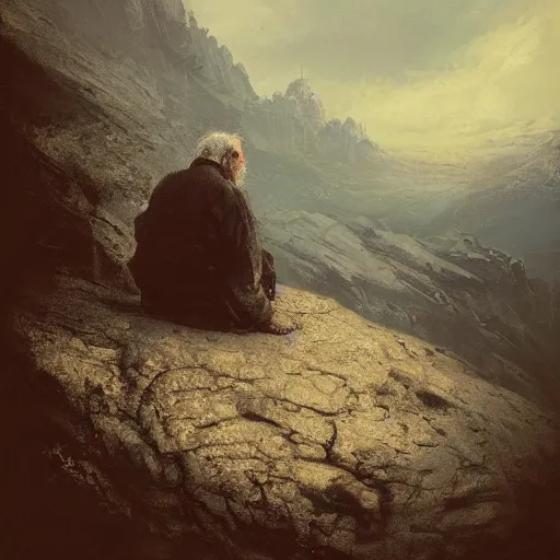 Image similar to portrait of an old man with a silver gray beard and ragged robes knelt down on the peak of a mountain writing on a stone, the sky above is wreathed in flames, by Jeremy Mann, realistic, detailed, ancient, digital art, apocalyptic, earth tones, dramatic, cinematic lighting