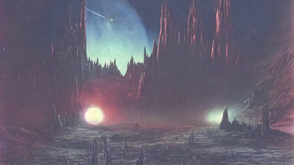 Image similar to eerie atmospheric alien planet with a cathedral like rocket by jack gaughan and bob eggleton and chris moore, epic cinematic matte painting