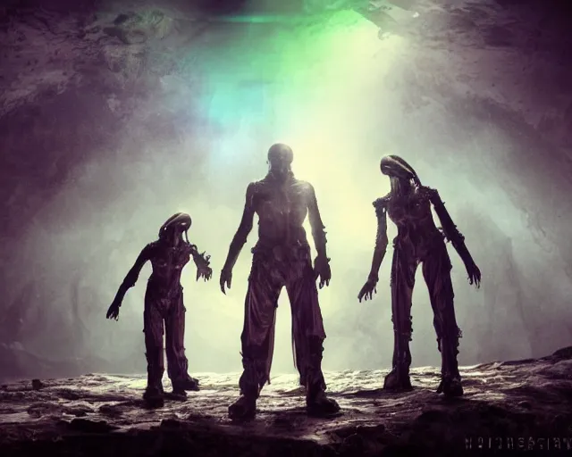 Image similar to alien pirates praying for forgiveness, hopeful, flesh and metal, blissful, agitated, scared, color theory, singularity, sharp focus, by Kurosawa, epic tale of the twin sisters, web, detailed, composition, chaotic, transhumanist dancing, god rays, lens flares, dramatic lighting, volumetric lighting, unreal engine, futuristic, hybrid