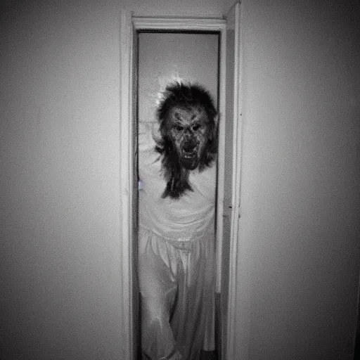 Prompt: grainy photo of a creepy monster in a closet lunging at the camera, harsh flash