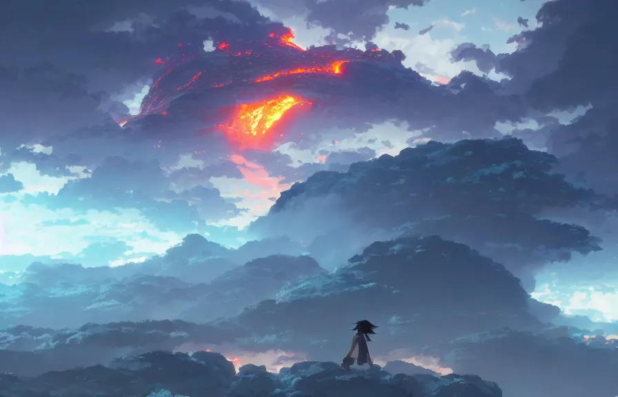 Image similar to makoto shinkai concept art of the lava bomb dimension, key visual, ambient lighting, highly detailed, digital painting, artstation, concept art, sharp focus, by makoto shinkai and akihiko yoshida and hidari and wlop and greg rutkowski