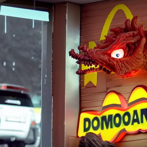 Prompt: A Demogorgon working at the drive-thru of a McDonald\'s, cinematic, 8k, hyper realistic