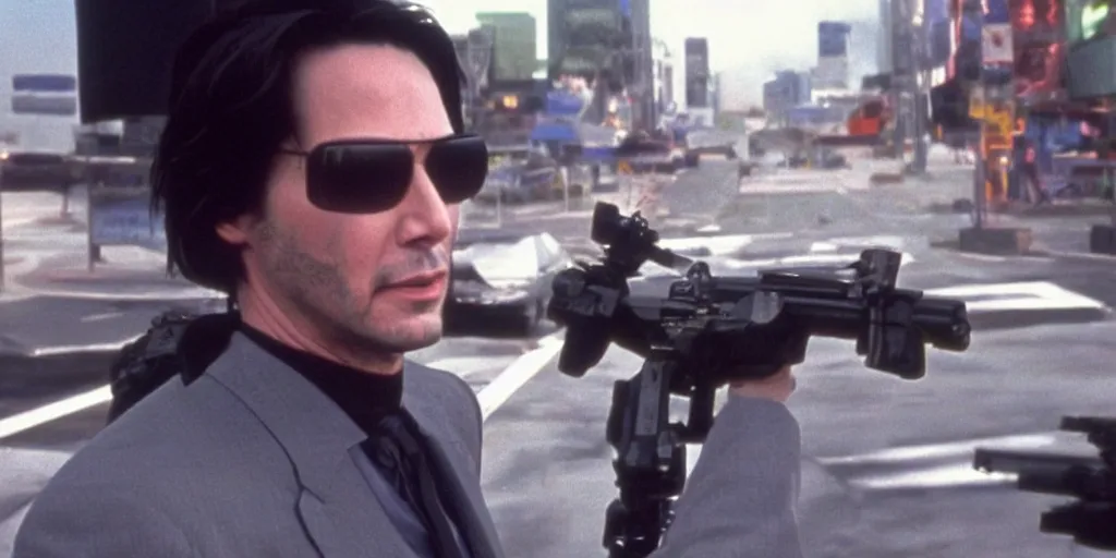 Image similar to beautiful hyperrealism three point perspective film still of Keanu Reeves as neo in bullet time aiming two uzi at agent smith in a nice oceanfront promenade motorcycle chase scene in Matrix meets kagemusha(1990) extreme closeup portrait in style of 1990s frontiers in translucent porclein miniature street photography seinen manga fashion edition,, tilt shift style scene background, soft lighting, Kodak Portra 400, cinematic style, telephoto by Emmanuel Lubezki