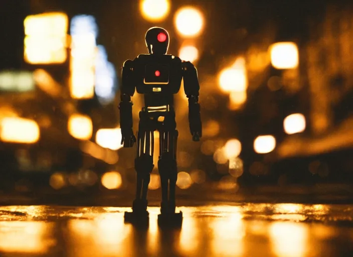 Image similar to a 2 8 mm macro kodachrome photo of a metallic cyborg droid with glowing lights, walking alone on a rainy night in the city in the 1 9 5 0's, seen from a distance, bokeh, canon 5 0 mm, cinematic lighting, film, photography, golden hour, depth of field, award - winning, neon, cyberpunk