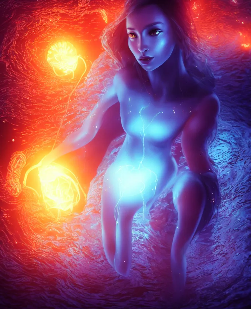 Image similar to close-up portrait of a beautiful girl floating in ethereum surrounded by floating jellyfish, energy flows of fire and water, flashes of plasma, 3d with depth of field, blurred background, a highly detailed epic cinematic concept art CG render. made in Maya, Blender and Photoshop, octane render, excellent composition, cinematic dystopian brutalist atmosphere, dynamic dramatic cinematic lighting, aesthetic, very inspirational, arthouse. y Greg Rutkowski, Ilya Kuvshinov, WLOP, Stanley Artgerm Lau, Ruan Jia and Fenghua Zhong