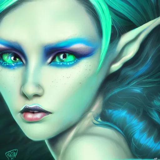 Image similar to Elf with blue skin, alien skin, blue elf, blue, blue-skinned elf, green hair, glam hair, hairspray, big hair, wild hair, 80s hair, glam make-up, 80s, illustration, fantasy art, trending on ArtStation, 1980s fantasy art