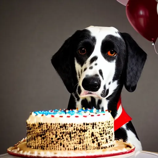 Image similar to photo of dalmatian dog with a birthday cake,