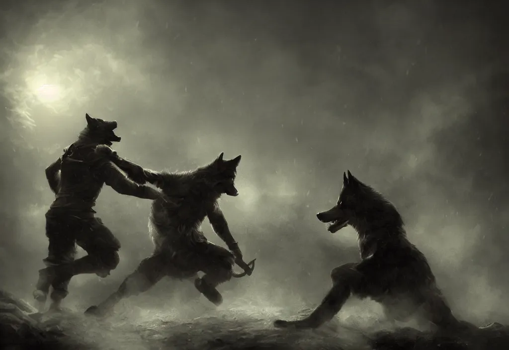 Image similar to a wolf fighting a victorian man, artstation, high detail, dramatic lighting, night, fog