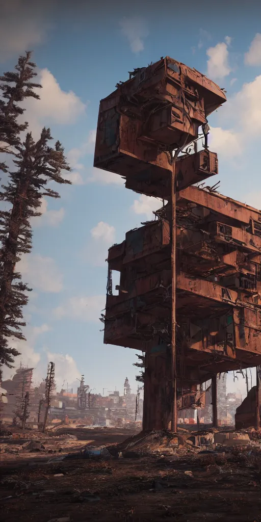 Image similar to lone giant rusted bitcoin building, post - apocalyptic wasteland, unreal 5 render, ray tracing, 8 k