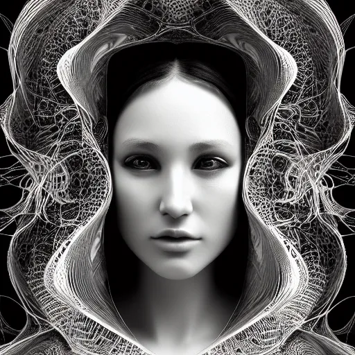 Prompt: portrait of a young beautiful woman with a mask. contemporary photograph and speed painting and fractal and mandelbulb and lines and scribble art. black and white. intricate, elegant, super highly detailed, professional digital painting, artstation, concept art, smooth, sharp focus, no blur, no dof, extreme illustration, Unreal Engine 5, Photorealism, HD quality, 8k resolution, cinema 4d, 3D, beautiful, cinematic, art by artgerm and greg rutkowski and alphonse mucha and loish and WLOP