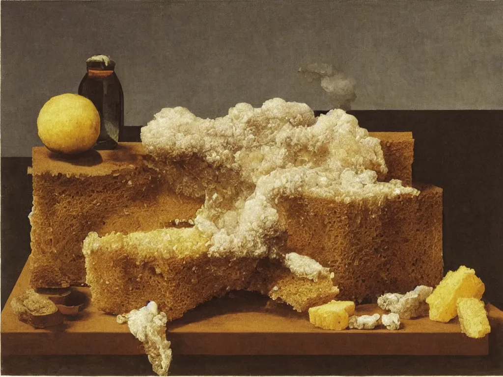Prompt: still life with fluffy, giant diaphanous sponge - like mold raising out of an old bread. painting by zurbaran, max ernst, agnes pelton, morandi, walton ford