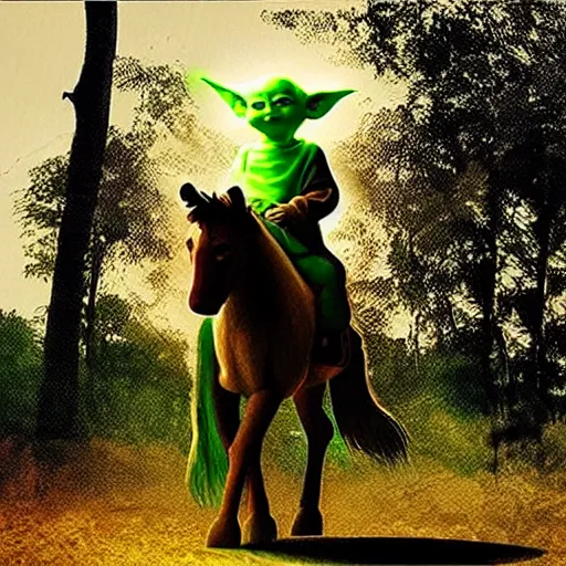 Image similar to “baby yoda riding a marvelous horse, cinematic lighting”