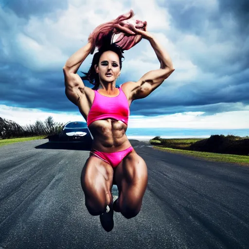 Image similar to car jumping, bodybuilder, woman, holding, photo, digital art, hands, underbody, throw, standing