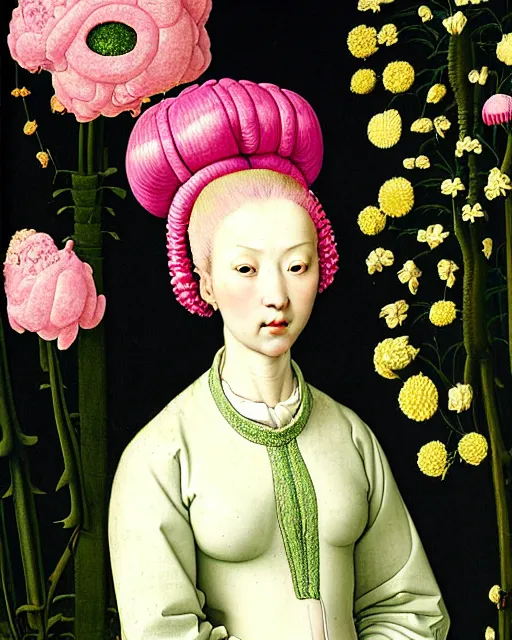 Image similar to portrait of a woman with pink hair buns, wearing a green puffer jacket and baggy jeans, standing in a garden full of plants and flowers, white background, intricate details, high detail, in the style of rogier van der weyden and jacopo da pontormo, punk, asian art,