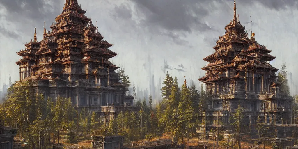 Image similar to a cyberpunk style temple, by ivan shishkin, by james gurney, detailed, atmospheric, 8 k