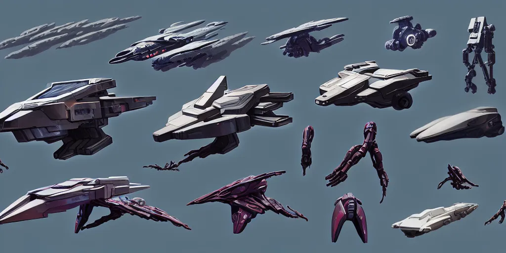 Image similar to futuristic sci - fi props and gadget, inspired by moebius, hard surface, collection, kitbash, parts, shape and form, in watercolor gouache detailed paintings, hull, elite dangerous, star citizen, modular, pieces, golden ratio