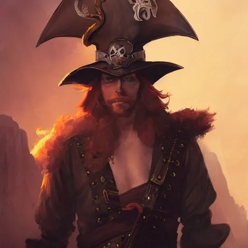 Prompt: handsome charming ginger rogue with large pointed ears, wearing a tricorne pirate captain hat, naval background, portrait, stunning award-winning art by Greg Rutkowski