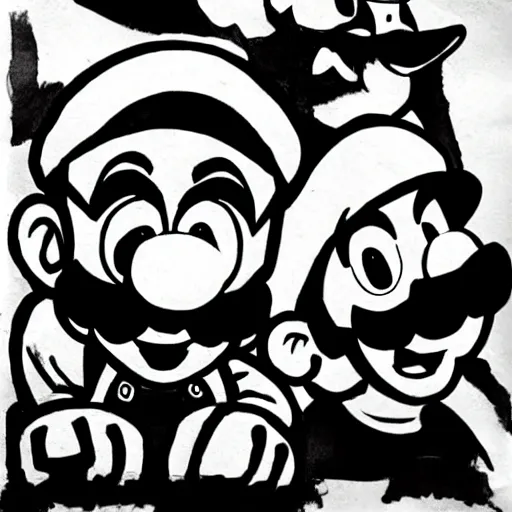 Image similar to super mario brothers, sumi-e ink style,