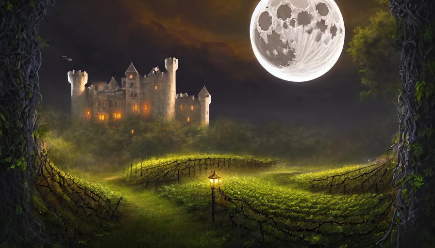 Prompt: a living castle, vines, forest, hyperrealistic, highly detailed, cinematic, single ray of moon, dark sky, beautiful, cgssociety, artstation, 8 k, oil painting