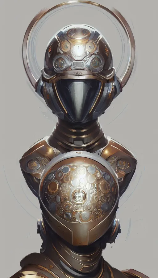 Image similar to Character design of a robot scifi religious monk with helmet, symmetrical, center punched, elegant, intricate, digital painting, artstation, concept art, smooth, sharp focus, illustration, art by artgerm and greg rutkowski and alphonse mucha