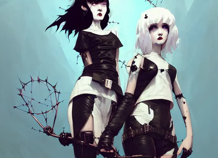 Image similar to two cute goth maiden girls with crown of thorns and white short hairs, dressed in leather belts, warhammer, cyberpunk, by atey ghailan, by greg rutkowski, by greg tocchini, by james gilleard, by joe gb fenton, by kaethe butcher, dynamic lighting, gradient light blue, brown, blonde cream and white color in scheme, grunge aesthetic