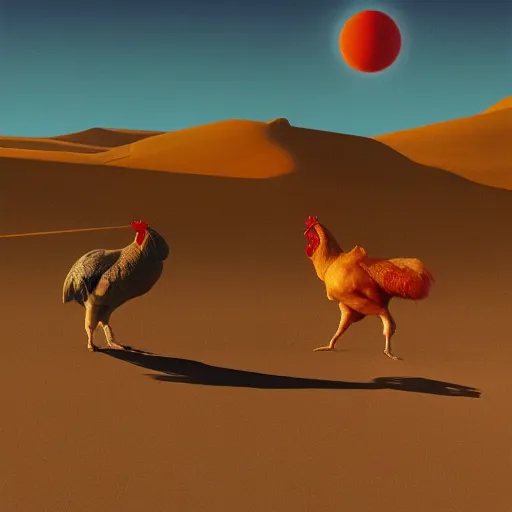 Image similar to cyborg chickens in the desert, Masterpiece, Edward Hopper and James Gilleard, Zdzislaw Beksinski, Mark Ryden, Wolfgang Lettl, hints of Yayoi Kasuma, octane render, 8k.