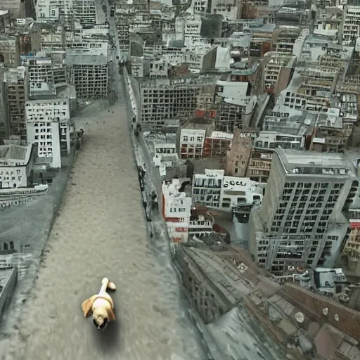 Image similar to gigantic 1 0 0 meters beagle dog attacking a city, epic cinematic, 4 k, very high detail