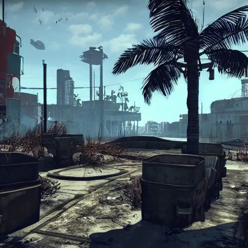 Image similar to Miami in ruins post-nuclear war in Fallout 4, in game screenshot