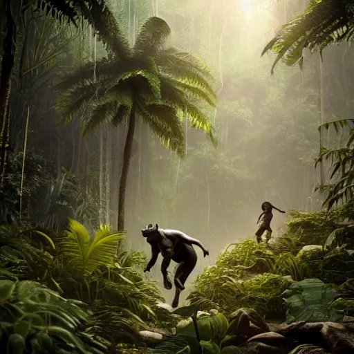 Prompt: Kanye West running though a jungle, the forest plants environment wide angle cinematic lighting atmospheric realistic octane render highly detailed, octane render, in the style of craig mullins