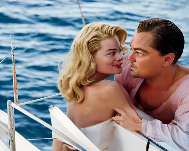 Prompt: leonardo dicaprio as the wolf of wall street next to margot robbie as naomi from the wolf of wall street on a fishing boat, hyper realistic faces, beautiful eyes, cinematic, long shot, hyper detailed, 8 5 mm photograph, 8 k resolution, film still, sharp lens, wide lens