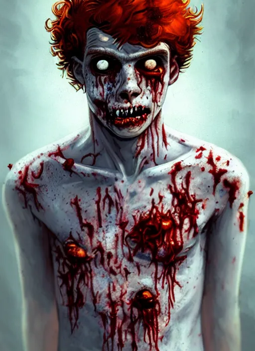 Image similar to portrait of zombie teenage archie andrews, red hair, curly hair, curly middle part, freckles, photorealistic, zombie, rotting skin, blind eyes, white eyes, zombie, intricate, elegant, orange, glowing lights, highly detailed, digital painting, artstation, concept art, sharp focus, illustration, art by wlop, mars ravelo and greg rutkowski